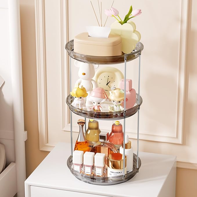Delamu 3 Tier Rotating Makeup Organizer for Vanity, Skincare Organizer for Bathroom Counter, Spinning Perfume Organizer Cosme