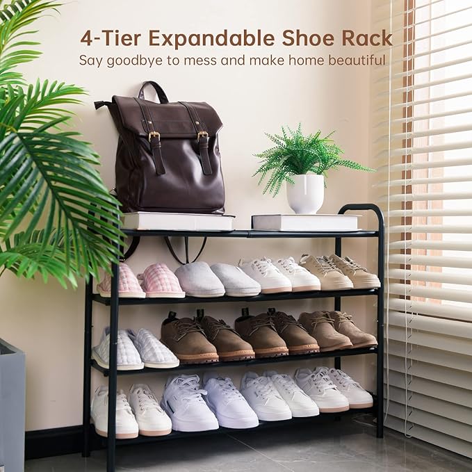 Gonfoam 4-Tier Expandable Shoe Rack,Adjustable Shoe Shelf Storage Organizer Heavy Duty Metal Free Standing Shoe Rack for Entr