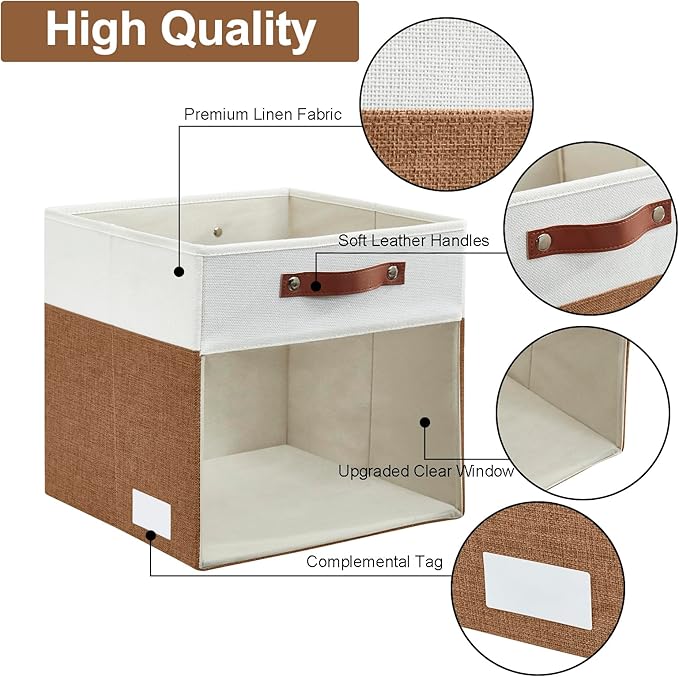 Bagnizer Storage Cubes, 4 Pack Linen Foldable Storage Bins (13 x 13 inch) with Clear Window and Handles, Fabric Organizer for