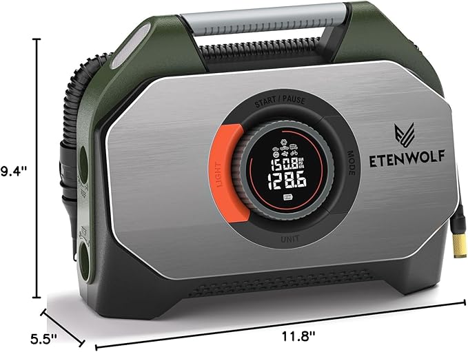 ETENWOLF Vortex S7 Tire Inflator for Heavy-Duty Vehicle, Portable Air Compressor for Car Tires with 160PSI & 38400 mAh Battery, Cordless Air Pump with 100% Duty Cycle & Dual Cylinder (Olive Green)