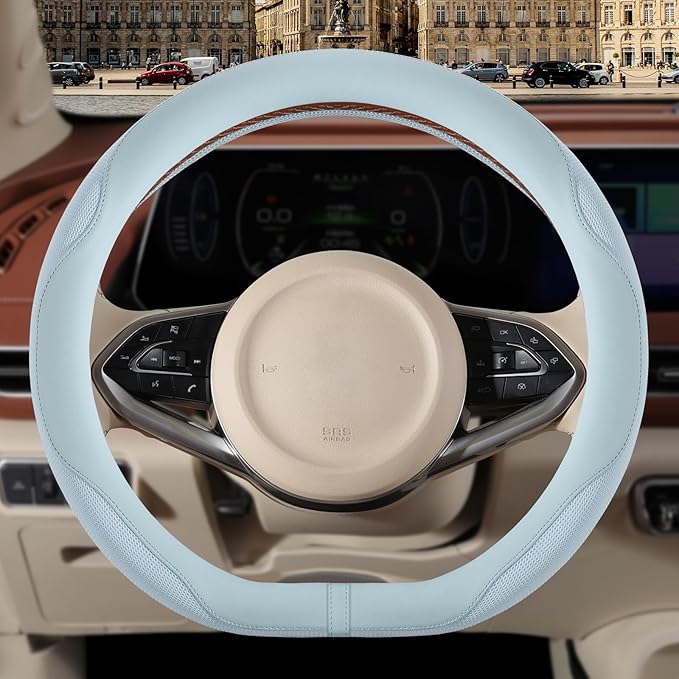 Nappa Leather Blue D Shape Steering Wheel Cover, Advanced Microfiber Leather Non-Slip Breathable Fabric, Warm in Winter and C