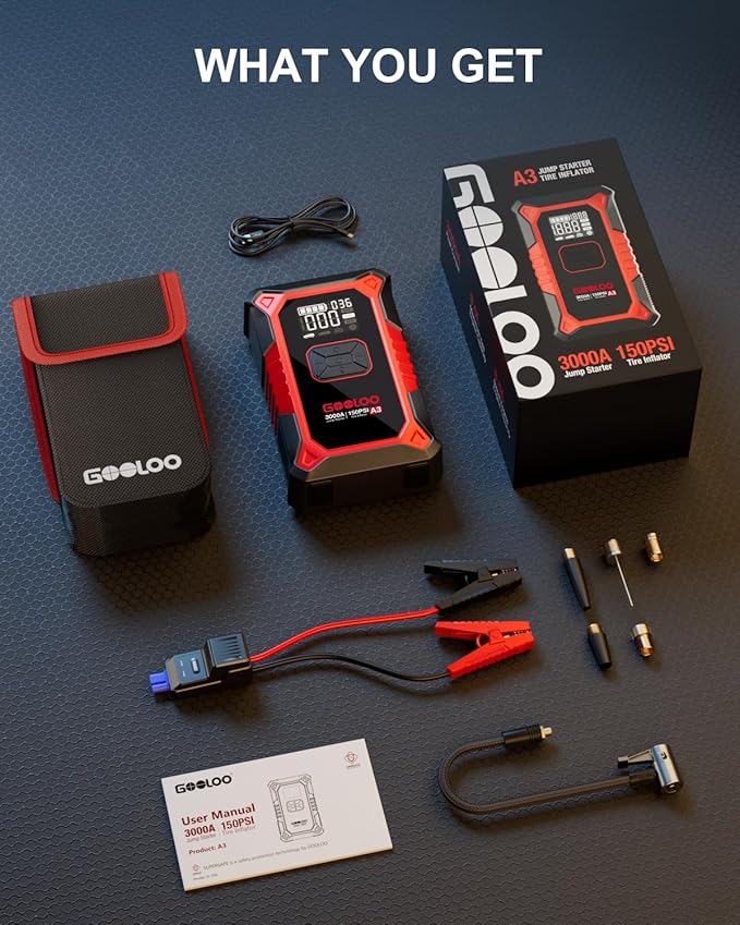 GOOLOO A3 Jump Starter with Air Compressor, 3000A Portable Car Battery Booster (9.0 Gas/6.5L Diesel) with 150PSI