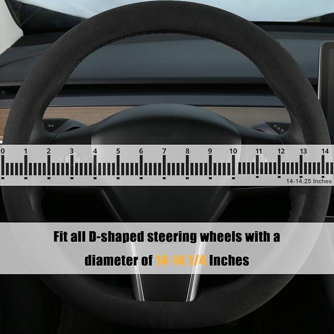 Suede Steering Wheel Cover for Tesla Model 3/Y, Anti Heat, Breathable, Anti-Slip,Leather Steering Wheel Cover 14-14 1/4 in (35.5-36 cm) (Black-02)