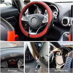 Leather Steering Wheel Cover, Soft Breathable Anti Slip, Universal Fit 15 Inch Car, Truck, SUV (Black/Red)