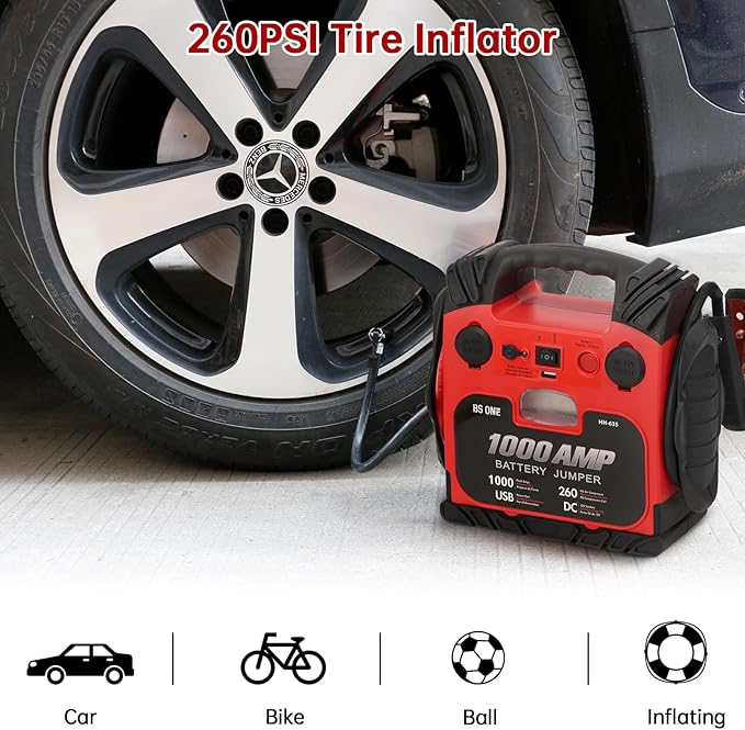 BS ONE 1000 Amp Peak Current Car Jump Stater, 12V Lead Acid Battey Jump Box with 260PSI Air Compressor, Jump Starter Battery