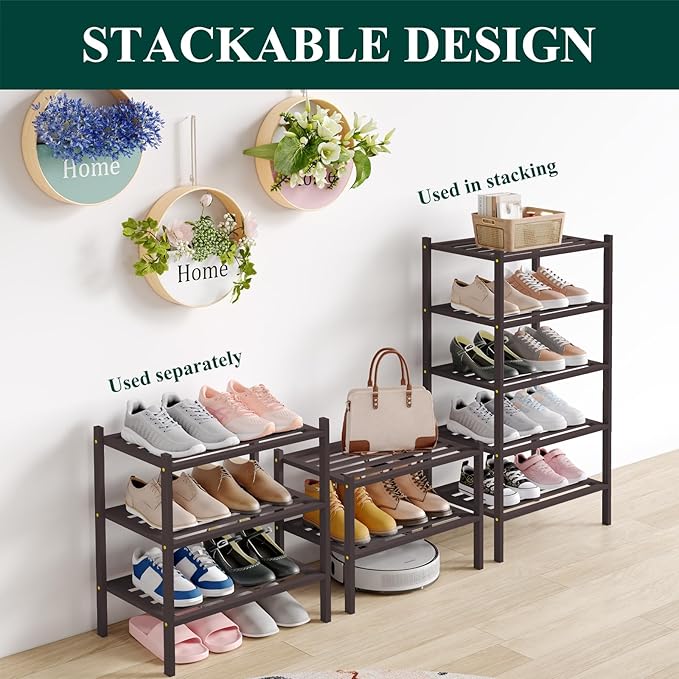 Smiry Small Bamboo Shoe Rack 3-Tier, Stackable Wooden Shoe Organizer for Entryway & Closet, Free Standing Wood Shoe Storage S