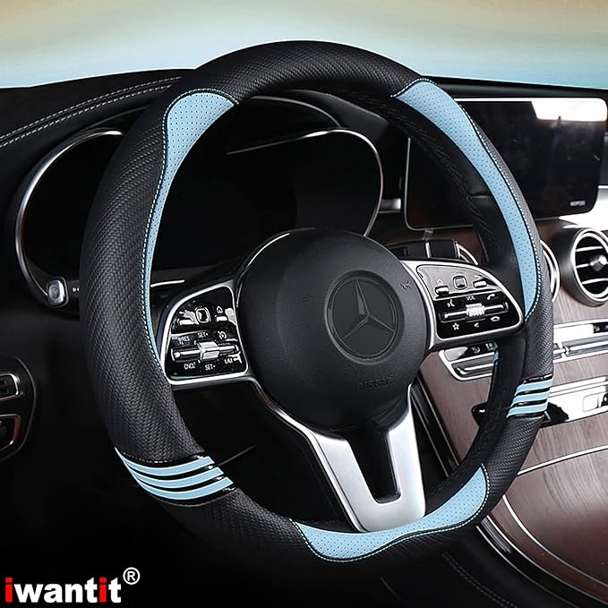 Iwantit® Cute Steering Wheel Cover for Women, Carbon Fiber&Breathable Pu Leather with Anti-Slip Rubber Ring, Steering Wheel P