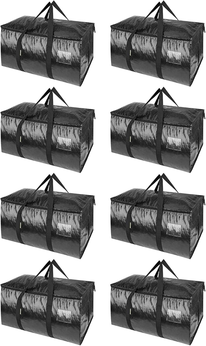 BALEINE 8-Pack Oversized Moving Bags with Reinforced Handles, Heavy-Duty Storage Tote for Clothes, Moving Supplies (Black, 8-
