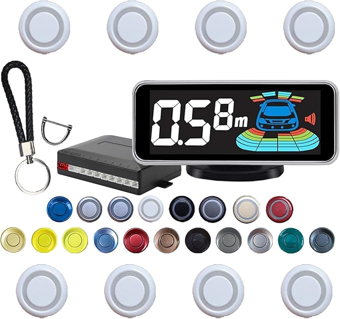 Backup Parktronic System Car Auto Vehicle Reverse with 8 Parking Sensors kit, LCD Display, Distance Detection (Meter/Foot Switchable), Buzzer Alarm and Voice Prompt Function（White