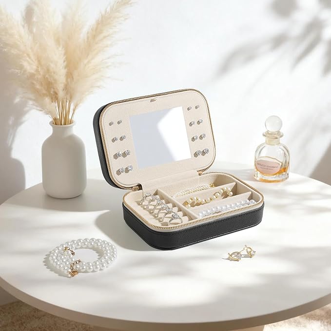 Genuine Leather Travel Jewelry Organizer Case with Mirror for Women, Small Mini Portable Jewelry Box for Ring Earrings Neckla
