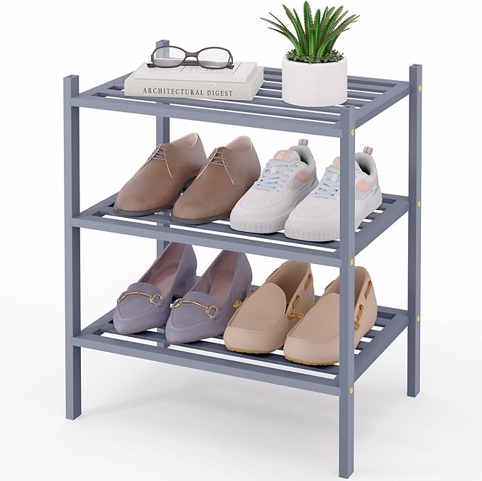 Smiry Small Bamboo Shoe Rack 3-Tier, Stackable Wooden Shoe Organizer for Entryway & Closet, Free Standing Wood Shoe Storage S