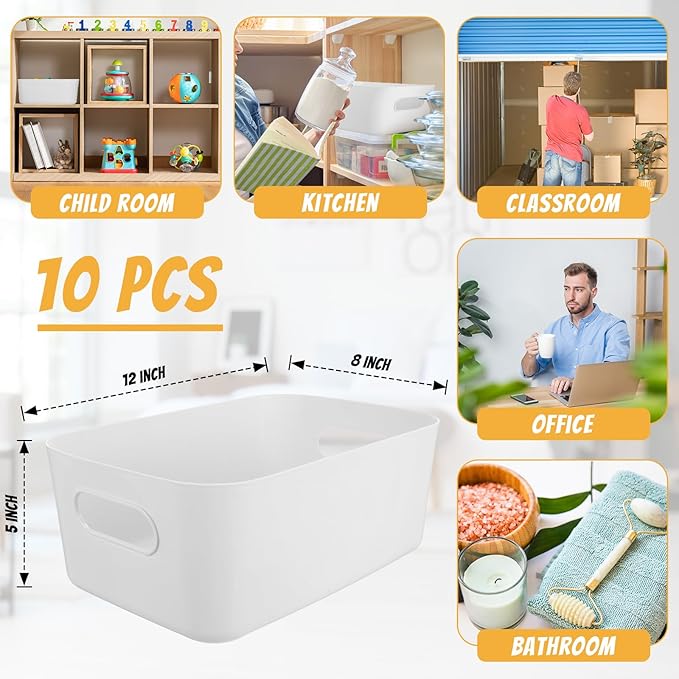Zopeal Plastic Storage Bins 10 Pcs White Pantry Organizer Bins Small Baskets Storage Containers for Home Kitchen (12 x 8 x 5 