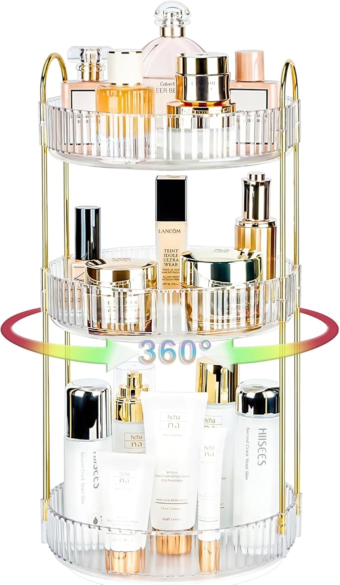 360 Rotating Makeup Organizer - Large Capacity Spinning Perfume & Cosmetic Skincare Holder for Countertop (Pearl White, 3 Tie