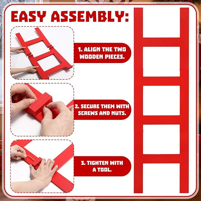 Jenaai 39 Inches Christmas Red Wooden Ladder Christmas Tree Decoration Santa Climb Ladder Assemble and Disassemble Rustic Dec