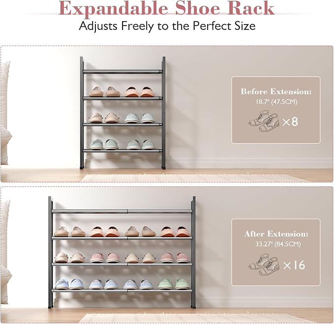 Bumusty 4-Tier Expandable Shoe Rack for Closet, 18“-33” Adjustable Shoe Rack for Small Space, Small Shoe Organizer for Front 