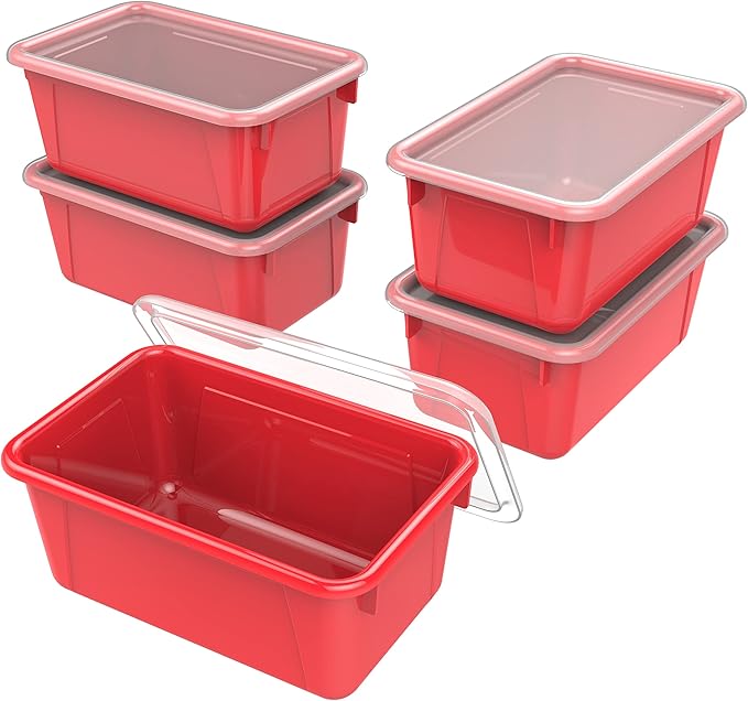 Storex Small Cubby Bins – Plastic Storage Containers for Classroom with Non-Snap Lid, 12.2 x 7.8 x 5.1 inches, Red, (62407U05