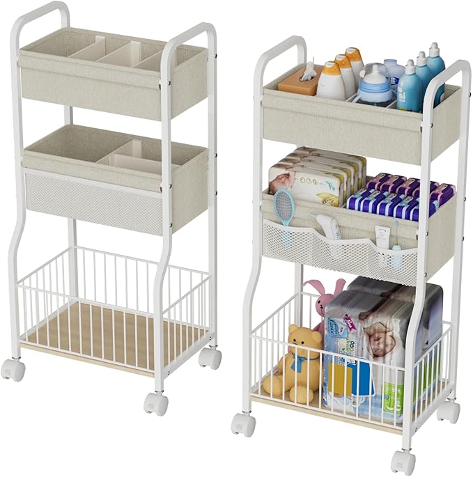 3-tier Baby Diaper Caddy Organizer and Storage Cart with 4+3 Dividers, Metal Utility Cart with Lockable Wheels for Nursery, B