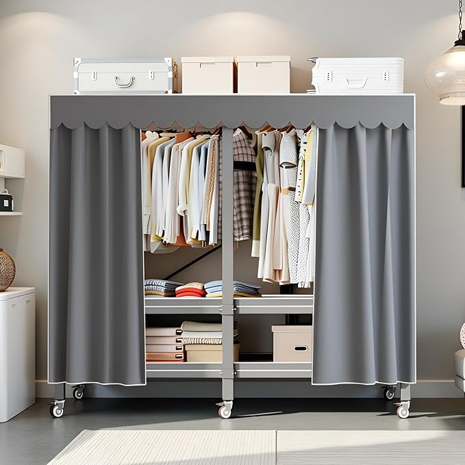 Heavy Duty Portable Wardrobe, Metal Foldable Covered Clothes Rack, 1500LBS, Freestanding Closet System Rolling Garment Rack, 