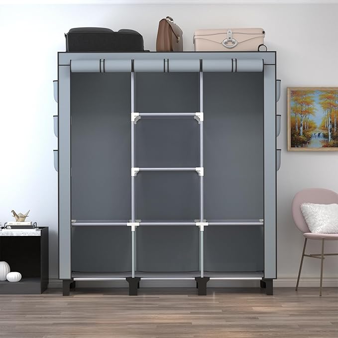 Portable Wardrobe with 10 Storage Racks and 2 Hanging Poles, 6 Side Pockets Non-Woven Cover, Size 130 x 45 x 172 cm, Bedroom 