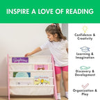 Humble Crew 4-Tier Kids Bookshelf, Pink/White - Premium Book Shelf for Kids Rooms with Four Deep Pockets - Toddler Sling Book