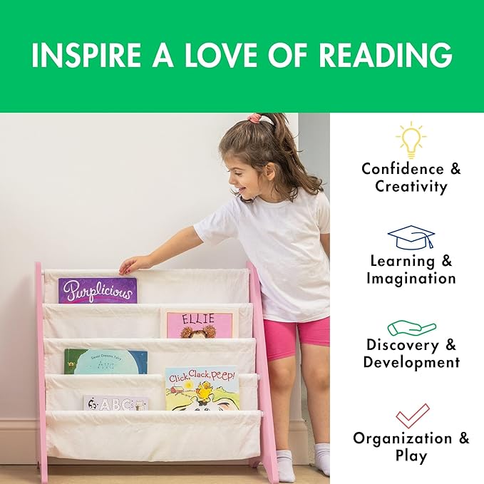 Humble Crew 4-Tier Kids Bookshelf, Pink/White - Premium Book Shelf for Kids Rooms with Four Deep Pockets - Toddler Sling Book