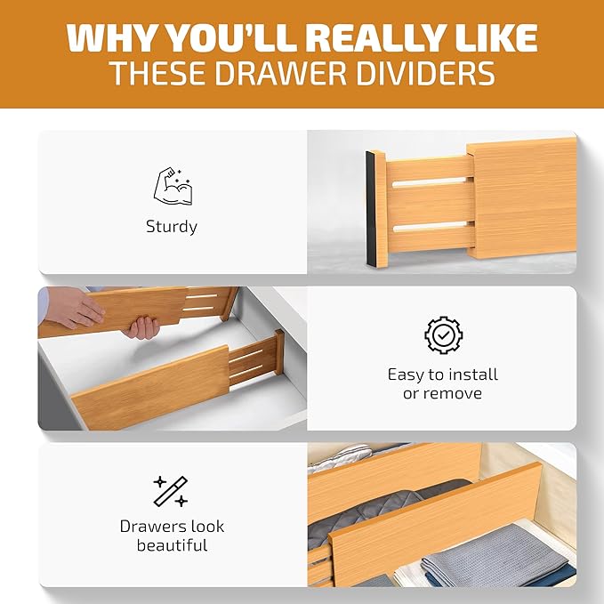 6 Pack Drawer Dividers 6 Inch High, 11”-17" Adjustable Bamboo Organizers Large Expandable Drawer Separators for Cloths, Dress