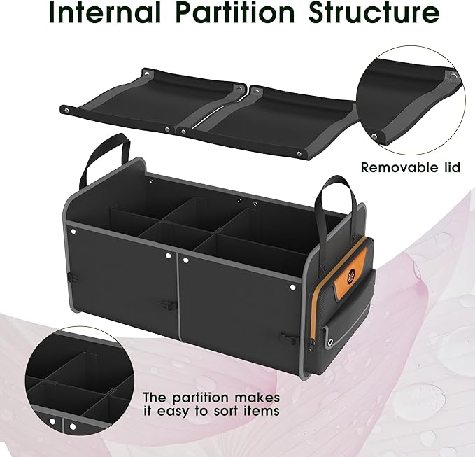 Car Trunk Organizer for SUV, 70L Heavy Duty Waterproof Trunk Organizer, Foldable Vehicle Organizer with Anti-Slip Base, 24x13.