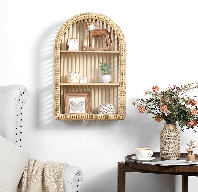 Rattan Wall Shelf 3 Tier Boho Wall Mounted Shelf 15.75" x 23.62" Farmhouse Handcraft Bamboo Arched Floating Shelves for Livin