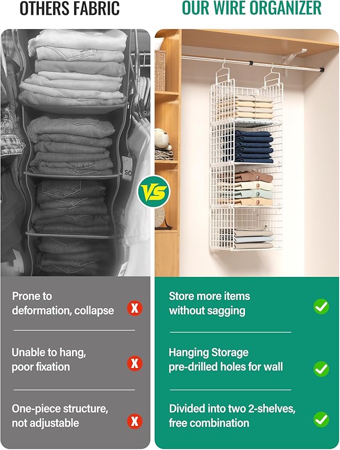 Hanging Closet Organizer, 4 Tier Metal Closet Organizers and Storage with 4 Hanging Hooks 4 S-Hooks for Wardrobe Laundry Room