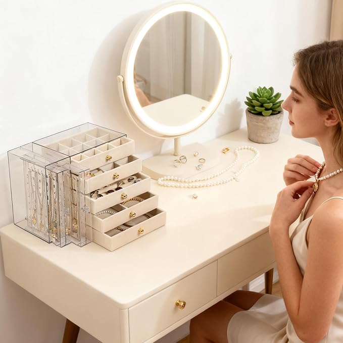 Greenfeather Jewelry Organizer with 7 Removable Drawers, Clear Acrylic Jewelry Box with 16 Necklace Hooks, 48 Pairs of Earrin