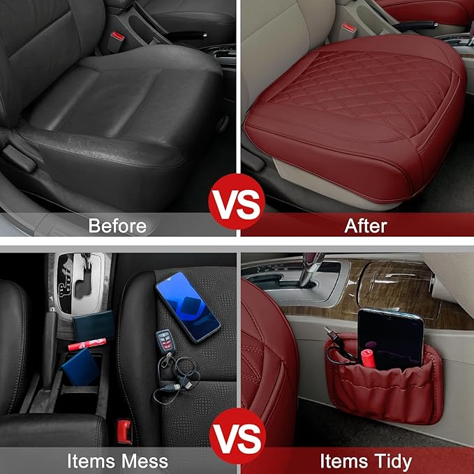 2 Pack Leather Front Car Seat Cover Bottom Car Seat, Anti-Slip and Full Wrap Driver Car Seat Protectors with Storage Pocket, 