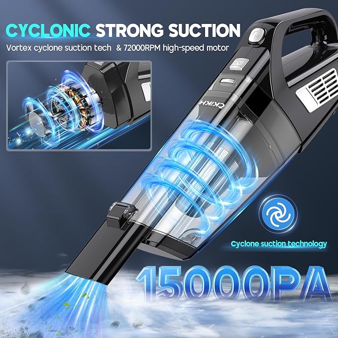Handheld Vacuum Cordless, 15000PA Strong Suction Hand Held Car Vacuum Cleaner Portable with Multi-Nozzles & Washable Filter, 