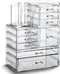 OTYMIOW 3 Tier Clear Acrylic Makeup Organizer Countertop with Brush Holder and 9 Drawers, Bathrooms, Stackable Large Makeup O