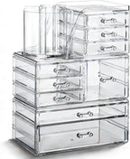 OTYMIOW 3 Tier Clear Acrylic Makeup Organizer Countertop with Brush Holder and 9 Drawers, Bathrooms, Stackable Large Makeup O
