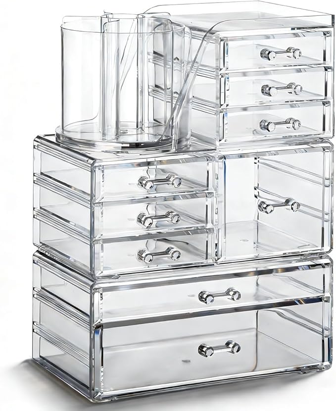 OTYMIOW 3 Tier Clear Acrylic Makeup Organizer Countertop with Brush Holder and 9 Drawers, Bathrooms, Stackable Large Makeup O