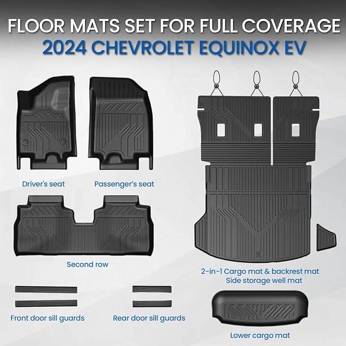 Floor Mats & Cargo Mat with Backrest Mat for 2024-2026 Chevy Equinox EV, Door Sill Guards, Trunk Lower Mat, All Weather TPE Trunk Cargo Liner Car Mat Accessories for Chevrolet Equinox EV