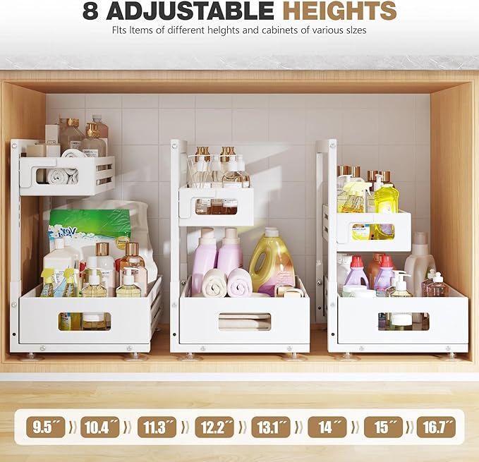 2 Pack Under Sink Organizer,Pull Out Cabinet Organizer With Smooth Cylindrical Rail,Metal Slide Out Drawer for Kitchen Bathro