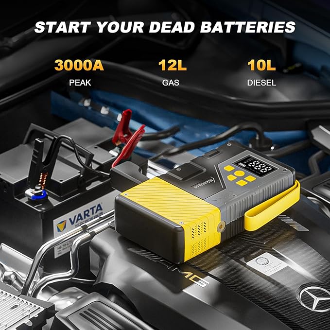 Portable Car Jump Starter with Air Compressor for Emergencies,3000A Peak and 150 PSI Max,for 12L Gas & 10L Diesel