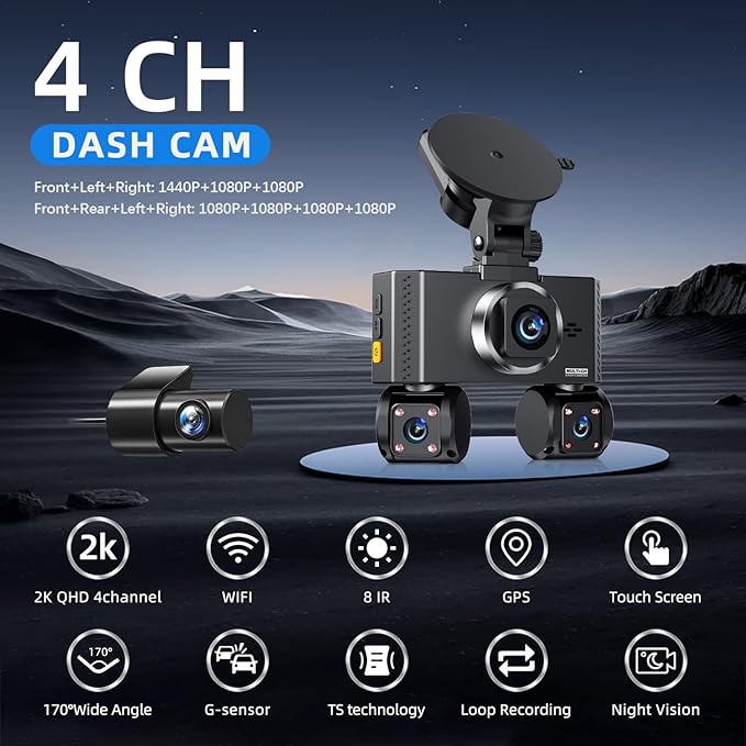 360° View 4 Channel Dash Cam Front and Rear, Dash Camera for Car with 3.16" IPS Touch Screen, 8 IR Night Vision, 5G WiFi&GPS,
