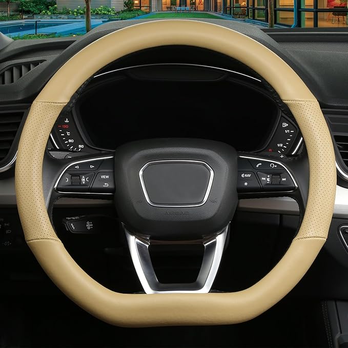 Cxtiy D Shaped Steering Wheel Cover, Genuine Leather Flat Bottom Stearing Wheel Cover Luxury Car Accessories 14 1/2-15 inch (Beige)