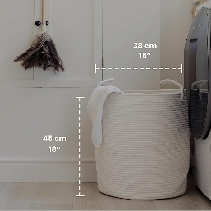 OrganiHaus Large Off-White Woven Laundry Basket w/Handles 52L, Rope Dirty Clothes Hamper, Blanket Basket for Living Room, Bab