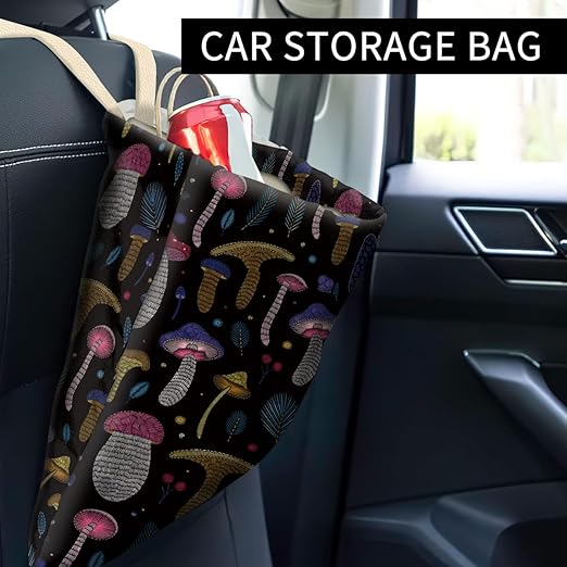 Car Trash Can, Cute Car Trash Bag, Hanging Car Organizer and Storage Bag, Trash Bin for Car Accessories, Vehicle, Travelling, Camping Colorful Boho Mushroom