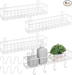 White 4 Pack Grid Wall Hanging Baskets with 16 S Hooks, 15.8 x 3.9 x 3.2 Inch Metal Wire Wall Mount Storage Baskets for Grid 