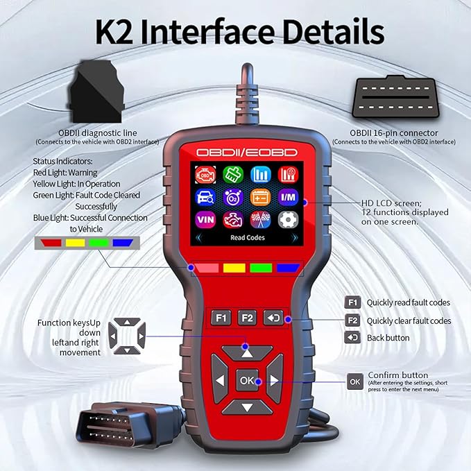 obd2 scanner K2 obd2 scanner diagnostic tool scanner for cars, car code reader with freeze frame, oxygen sensor testing,LCD
