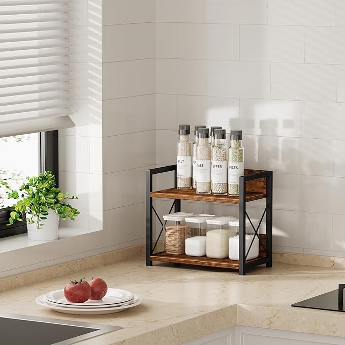 Giikin Countertop Shelf Organizer, 2 Tier Kitchen Spice Rack for Countertop, Wood Coffee Counter Shelf Organizer for Home (Br