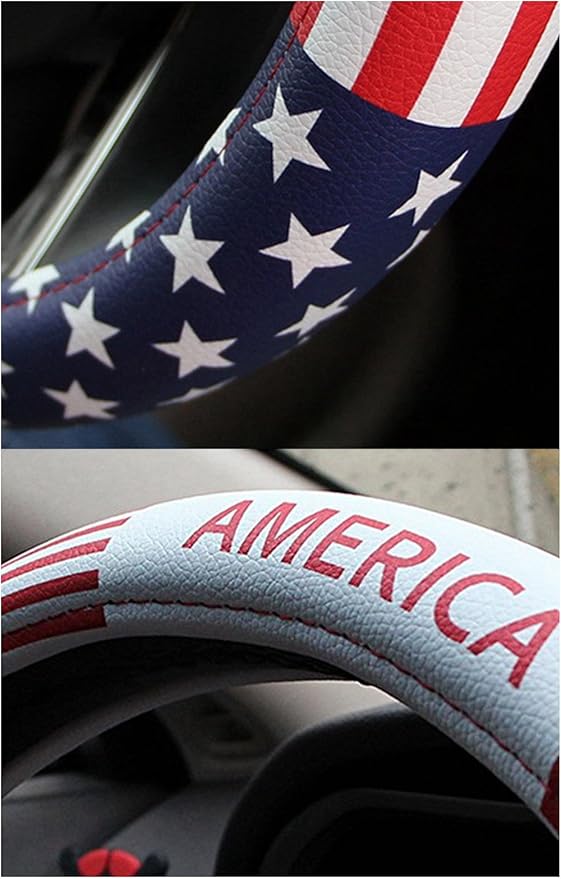 Dotesy Leather Auto Steering Wheel Cover, Fashion Flag Style Car Steering Wheel Cover Protector Universal for 36.5-38cm (Amer