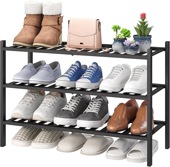 viewcare 3-Tier Black Bamboo Shoe Rack for Entryway, Stackable | Foldable | Natural, Shoe Shelf Storage Organizer for Hallway