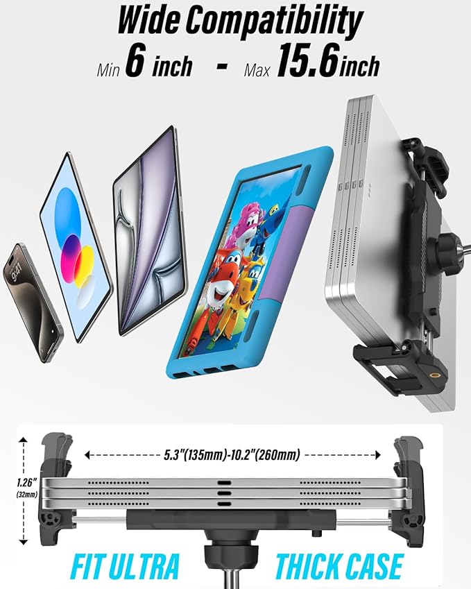 Aluminum Cup Holder Car Tablet Mount - [16" Height Adjustable] [Thick Case Friendly] Heavy Duty Truck Tablet Holder for Car Mount Accessories, for iPad Pro Air Mini, iPhone, Galaxy Tab, 6-15.6 Devices
