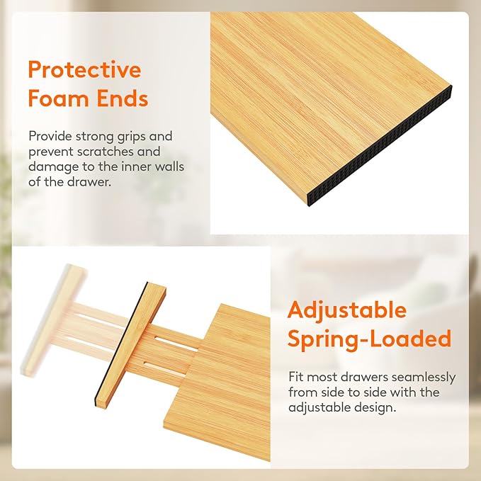 Lifewit 6" High 6 Pack Bamboo Drawer Dividers 33-42cm/13-16.5" Adjustable Wooden Drawer Organizer for Clothes/Utensils, Expan