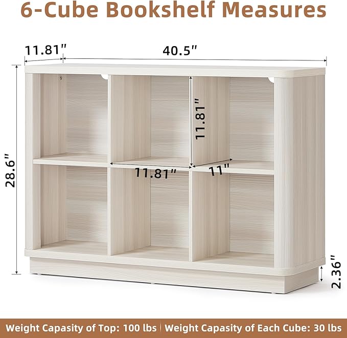 Joaxswe 6 Cube Bookcase, 40" Wide Horizontal 2-Tier Book Shelf w/Curved Edge, Wood Low Floor Standing Bookshelf with Base, Mo